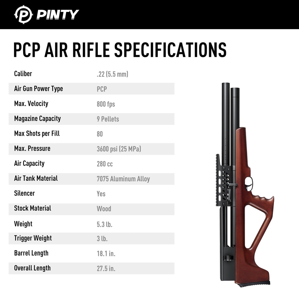 Pinty Thumper - 9 Pellet .22Cal Bullpup PCP Air Gun High Power for Small Game Hunting Shooting