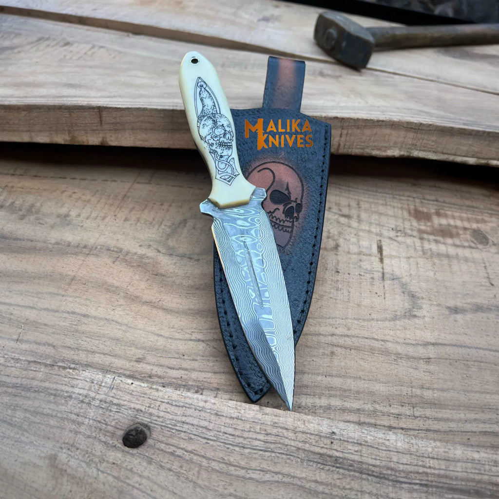 Tactical Dagger knife-SS Damascus-Skull Engraved Camel bone Handle -Custom Skull Leather Sheath-1205