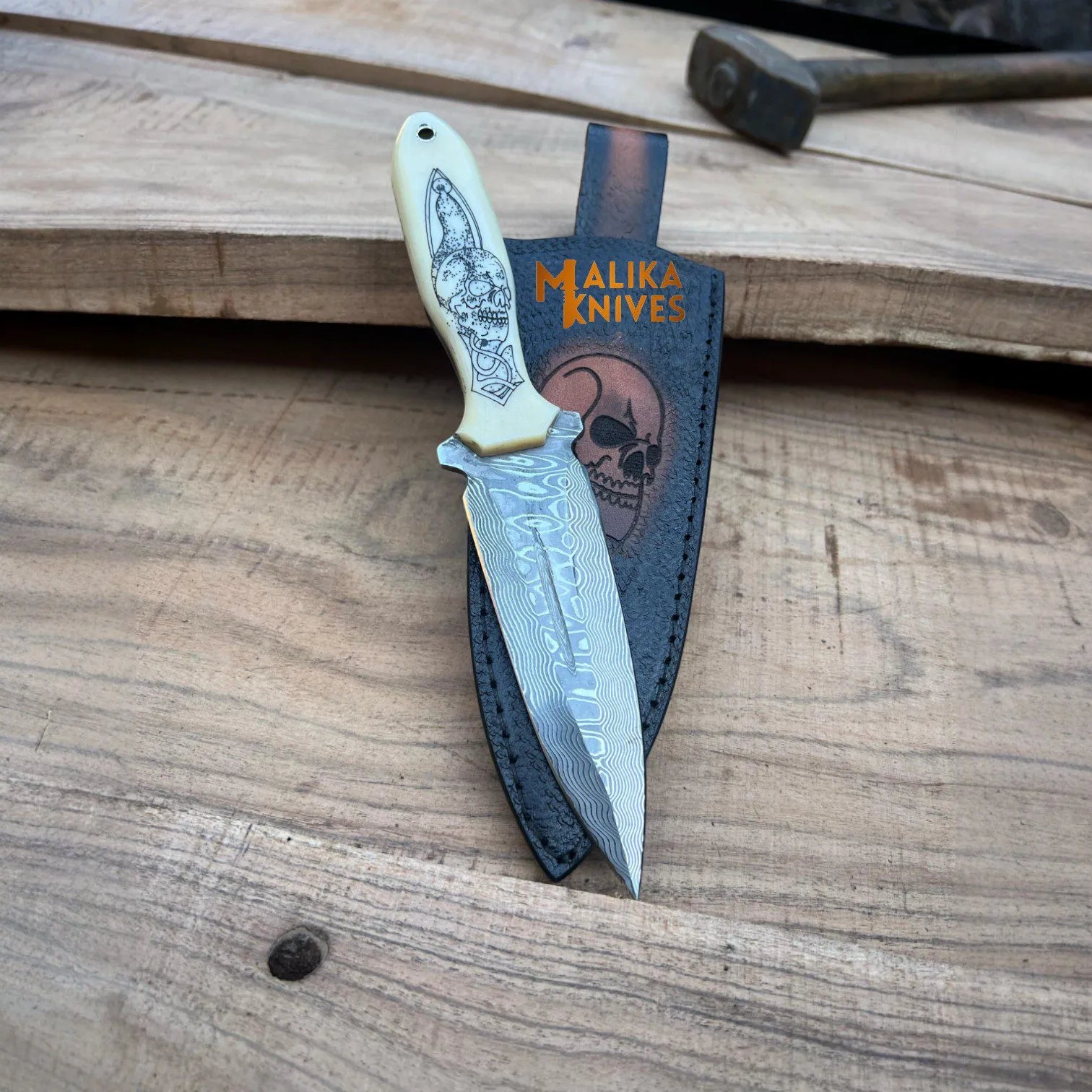 Tactical Dagger knife-SS Damascus-Skull Engraved Camel bone Handle -Custom Skull Leather Sheath-1205