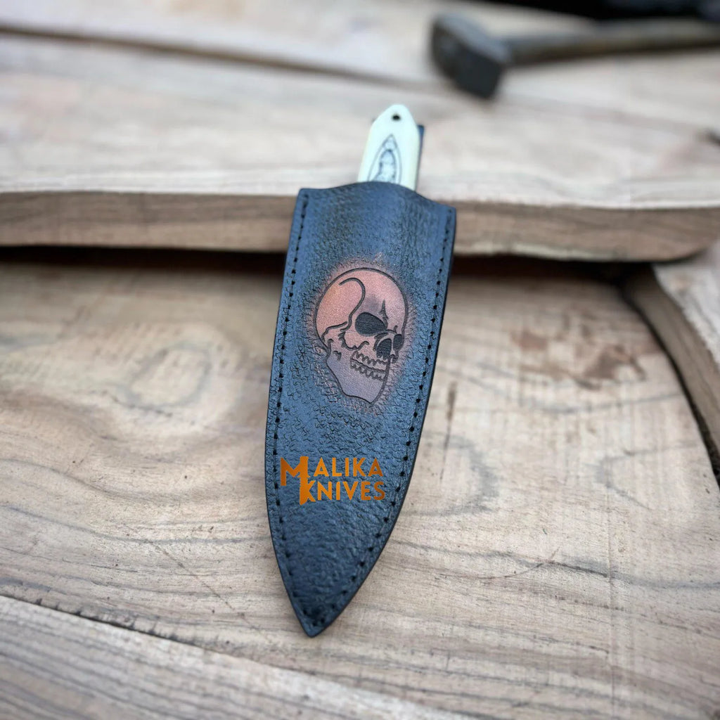Tactical Dagger knife-SS Damascus-Skull Engraved Camel bone Handle -Custom Skull Leather Sheath-1205
