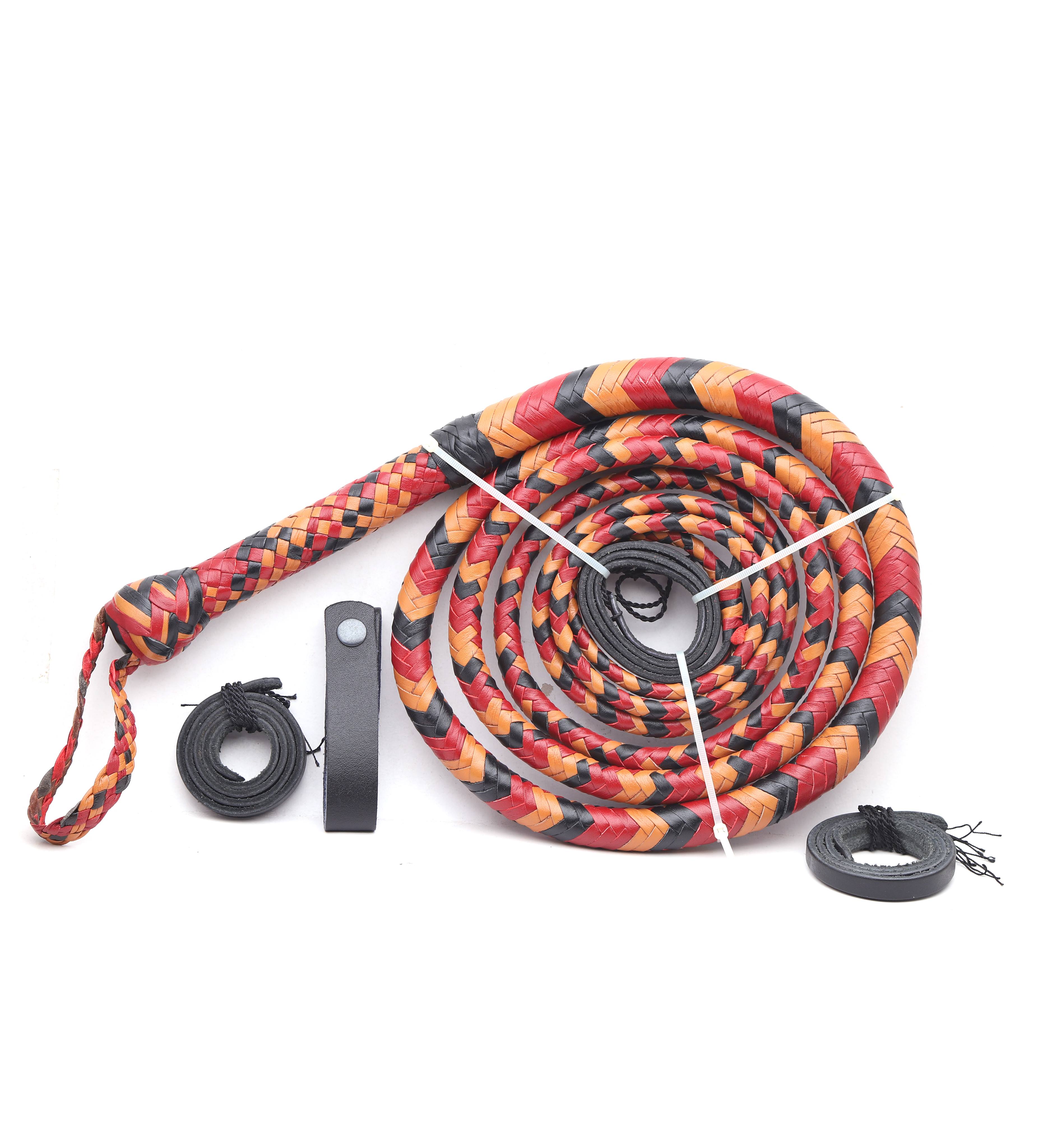 Red-Black & Orange Leather Bull Whip – Handmade Cosplay Whip
