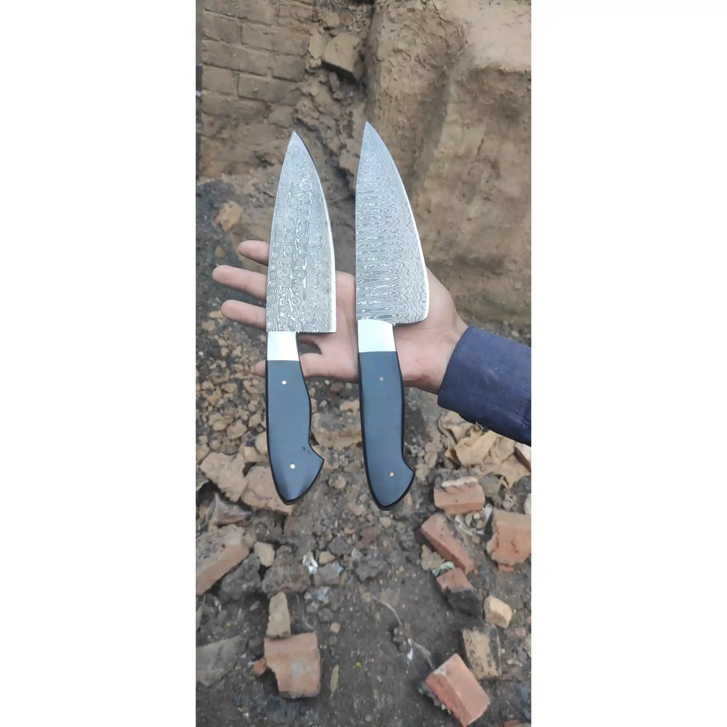 2-Piece Hand-Forged Chef Knife Pair — Pattern-Welded Damascus with Black Micarta Handles (Professional Set)