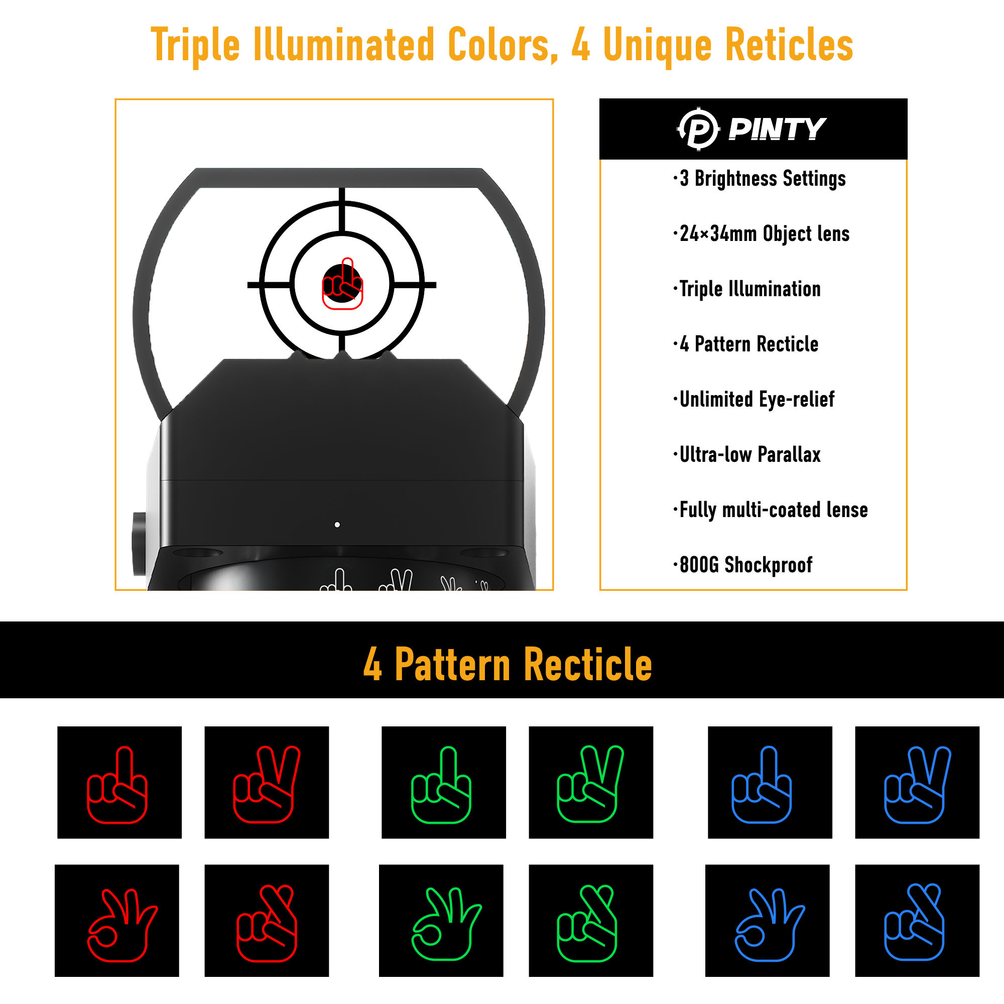Pinty 4-in-1 Hand Gesture Reticle Red/Green/Blue Dot Sight, 1X24X34 Reflex Sight with 21mm Rail
