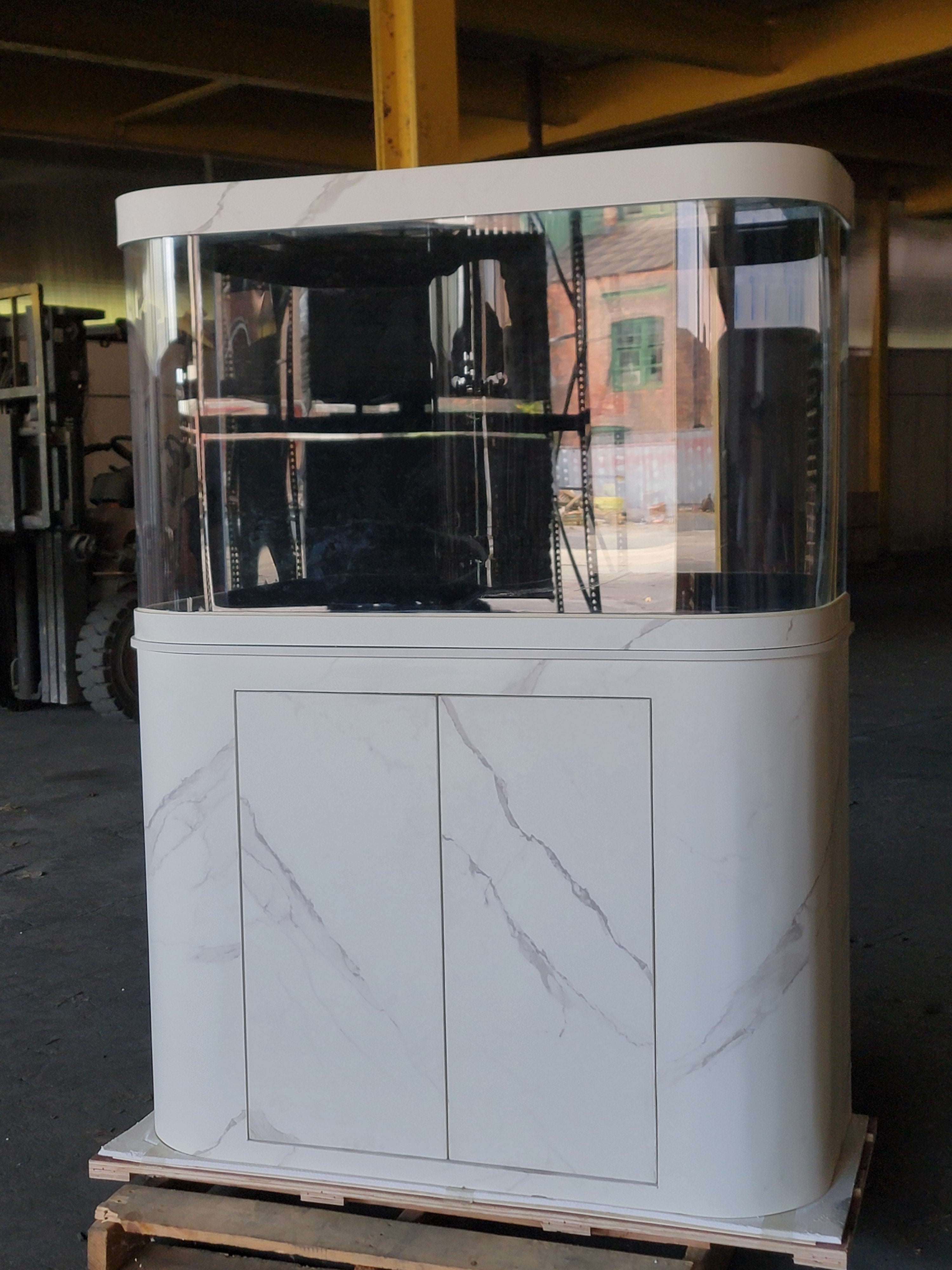 120g Curved Panoramic Flat Bowfront Glass Reef-Ready Aquarium in Marble Finish Stand