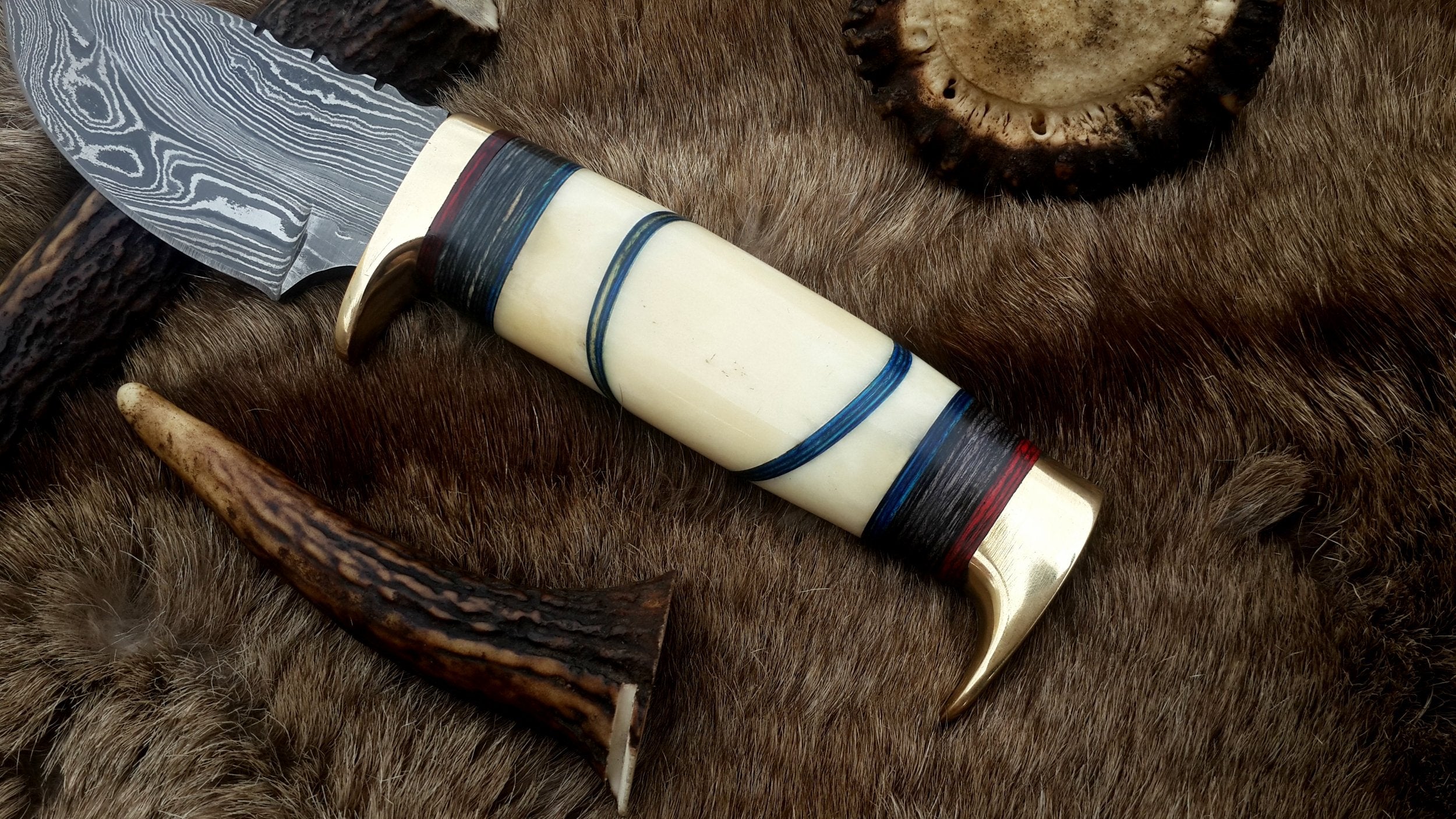 The Artisan's Blade: Custom Handmade Damascus Steel Hunting Knife | Camel Bone & Brass Accents | 9 Inches | KBS Knives