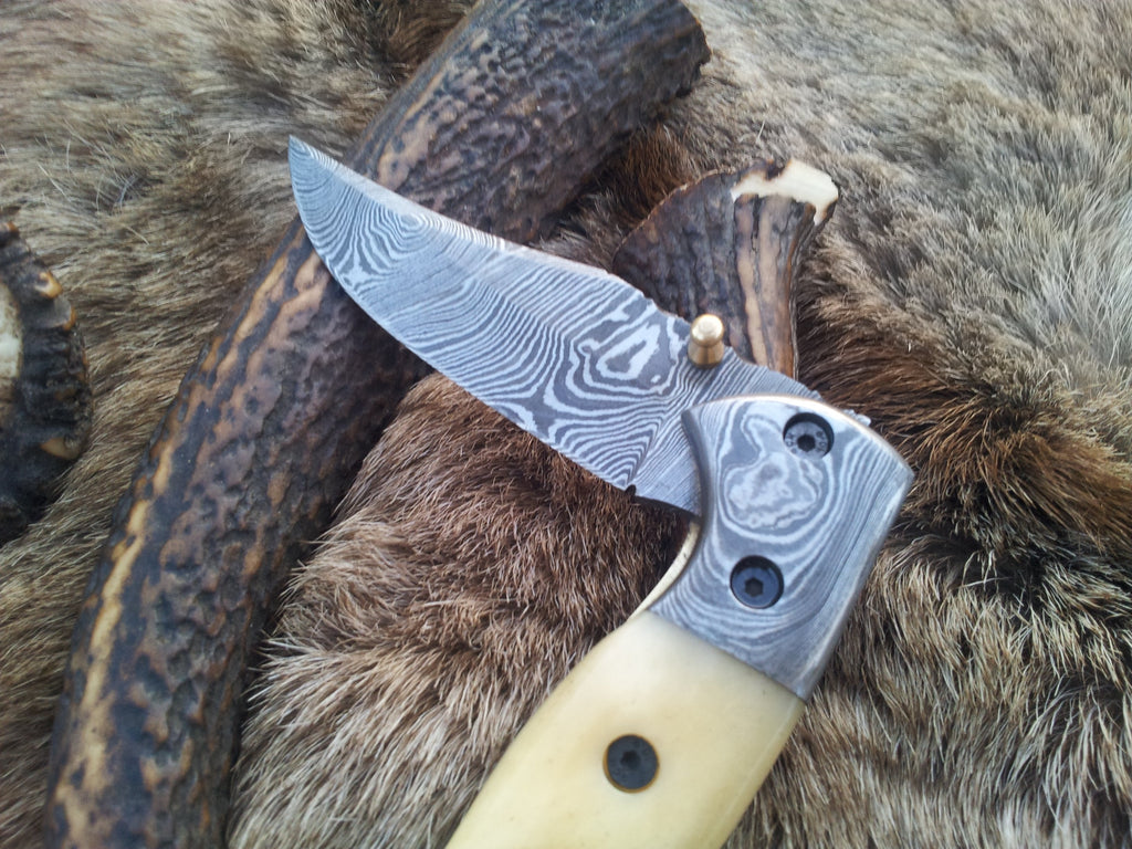 Everyday Carry Damascus Steel Folding Pocket Knife with Bone Handle – The BoneCraft