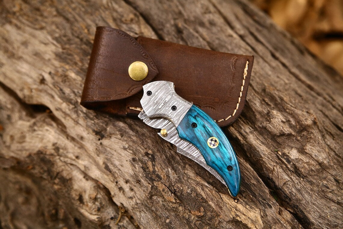 Custom Handmade Damascus Steel EDC Folding Pocket Knife – Exotic Wood Handle, 3-Inch Blade, Leather Case – Ideal Wedding Gift