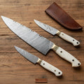 3-Piece Chinese Vegetable Cleaver, Utility & Paring Knife Set — White Resin Handles, Brass Bolsters, Full Tang Damascus