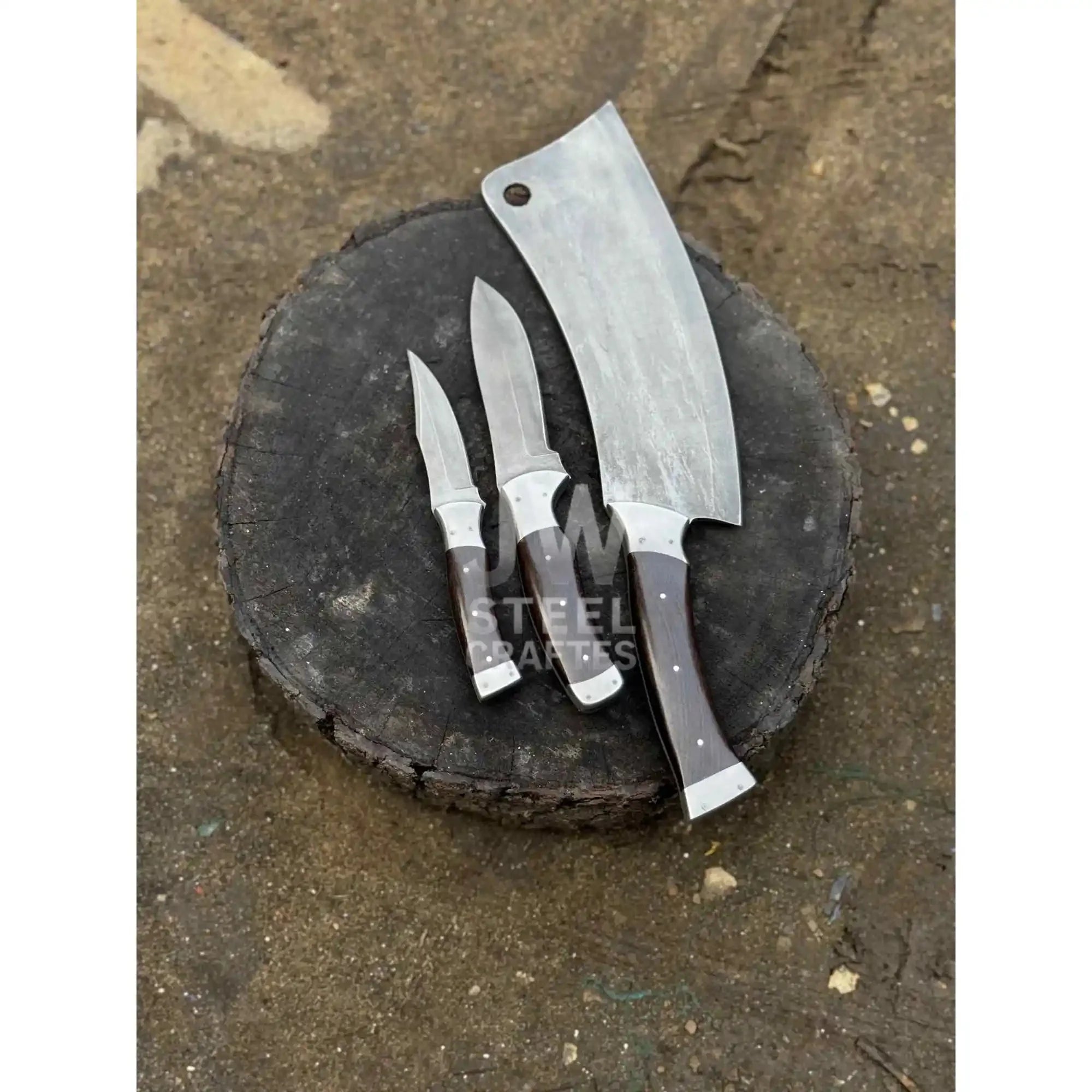 3-Piece Handmade Steel Kitchen & Outdoor Utility Knife Set – Dark Wood Handles