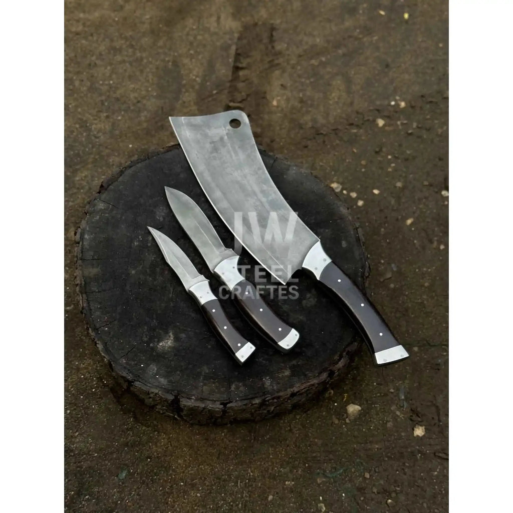 3-Piece Handmade Steel Kitchen & Outdoor Utility Knife Set – Dark Wood Handles