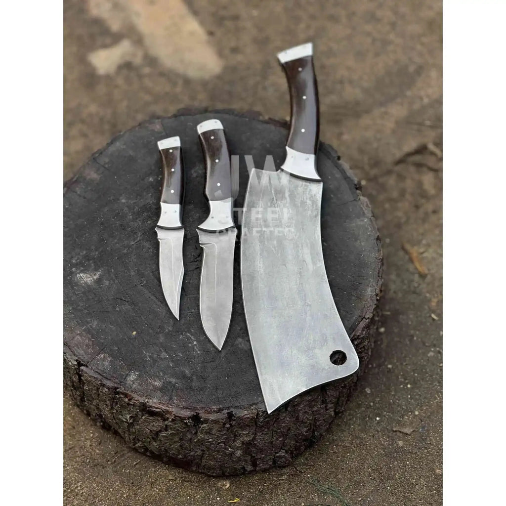3-Piece Handmade Steel Kitchen & Outdoor Utility Knife Set – Dark Wood Handles