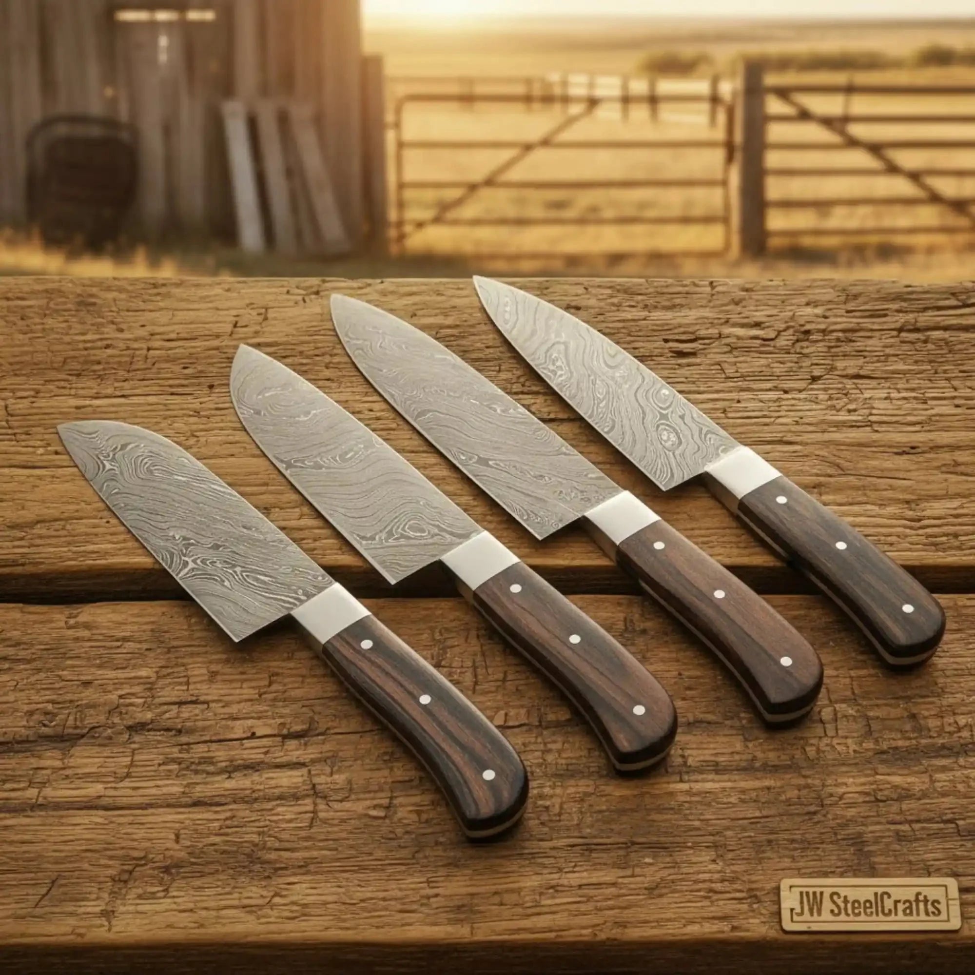 4 Piece Handmade Damascus Kitchen Knife Set, Chef, Santoku, Utility and Paring Knives, Professional Cooking Set with Pakka Wood Handles JW SteelCrafts