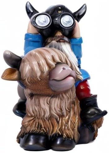 Garden Gnome Statues Resin Gnome Sitting on Highland Cow Solar Lights Outdoor Telescope Gnome Gifts for Yard, Patio Decor Gift(Cow Gnome)