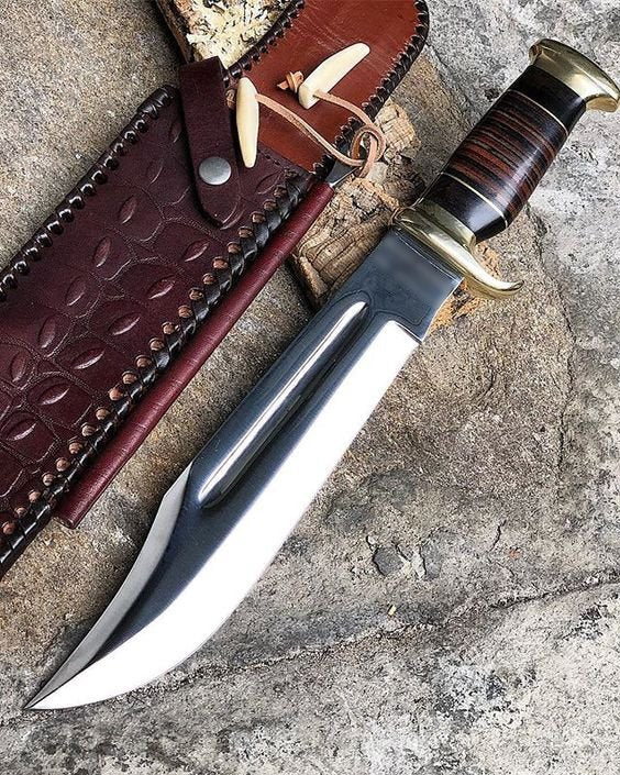 New Custom Handmade 440C Steel Heavy Duty Crocodile Dundee Hunting Bowie Knife - 16" Leather & Buffalo Horn Handle, Razor Sharp Blade, with Belt Loop Leather Sheath