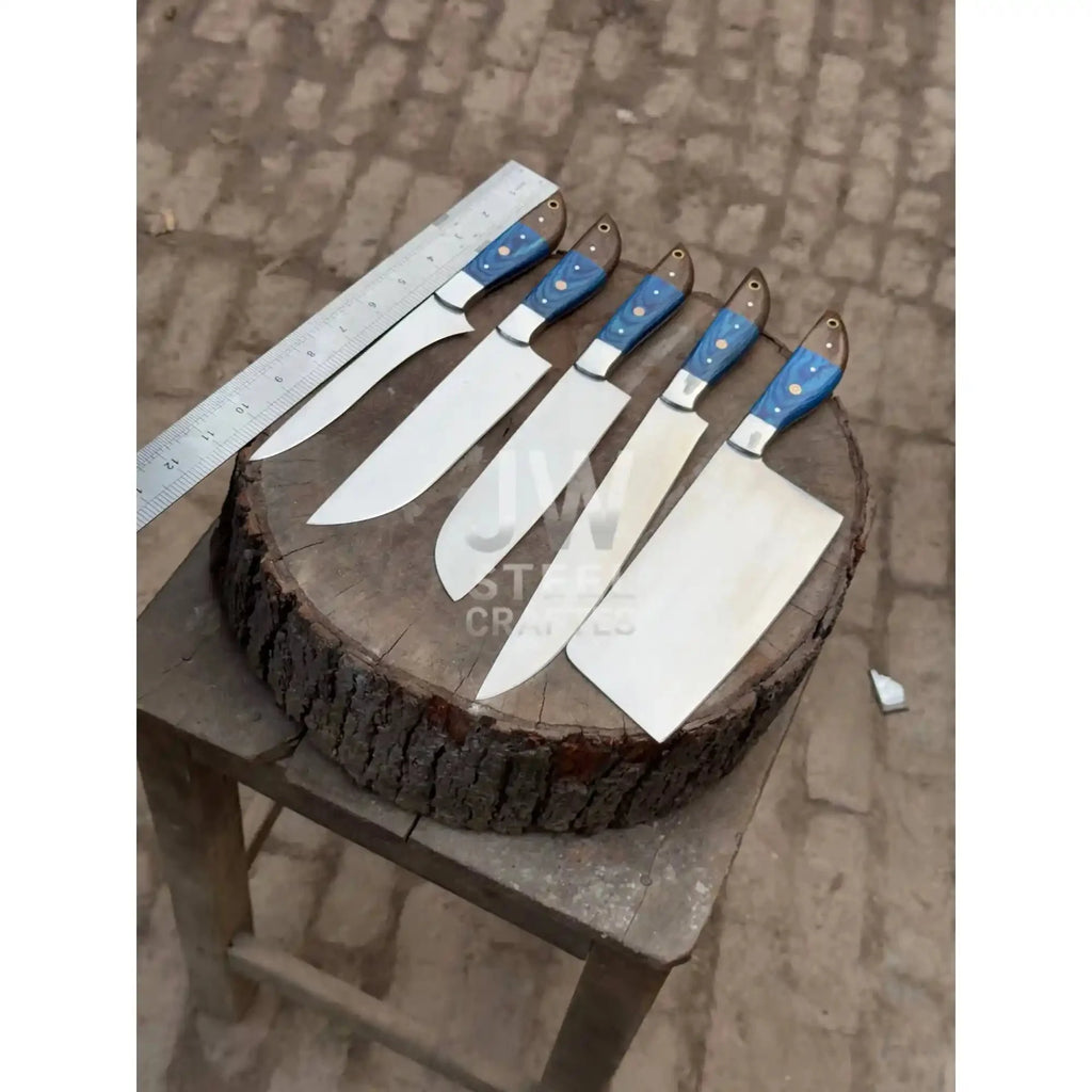 5-Piece Handmade Kitchen Knife Set — Polished Stainless Blades with Blue Pakka Wood Handles (Chef + Cleaver Prep Set)