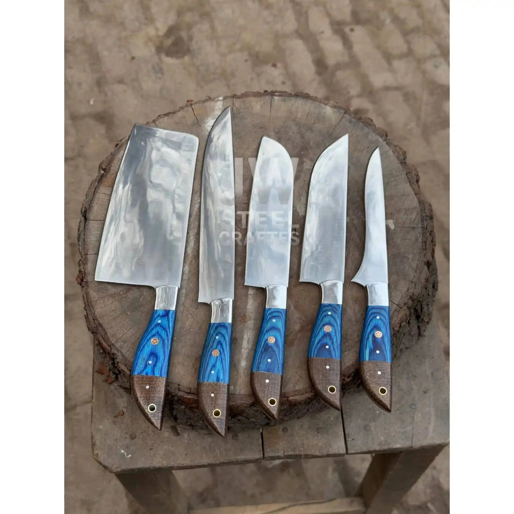 5-Piece Handmade Kitchen Knife Set — Polished Stainless Blades with Blue Pakka Wood Handles (Chef + Cleaver Prep Set)