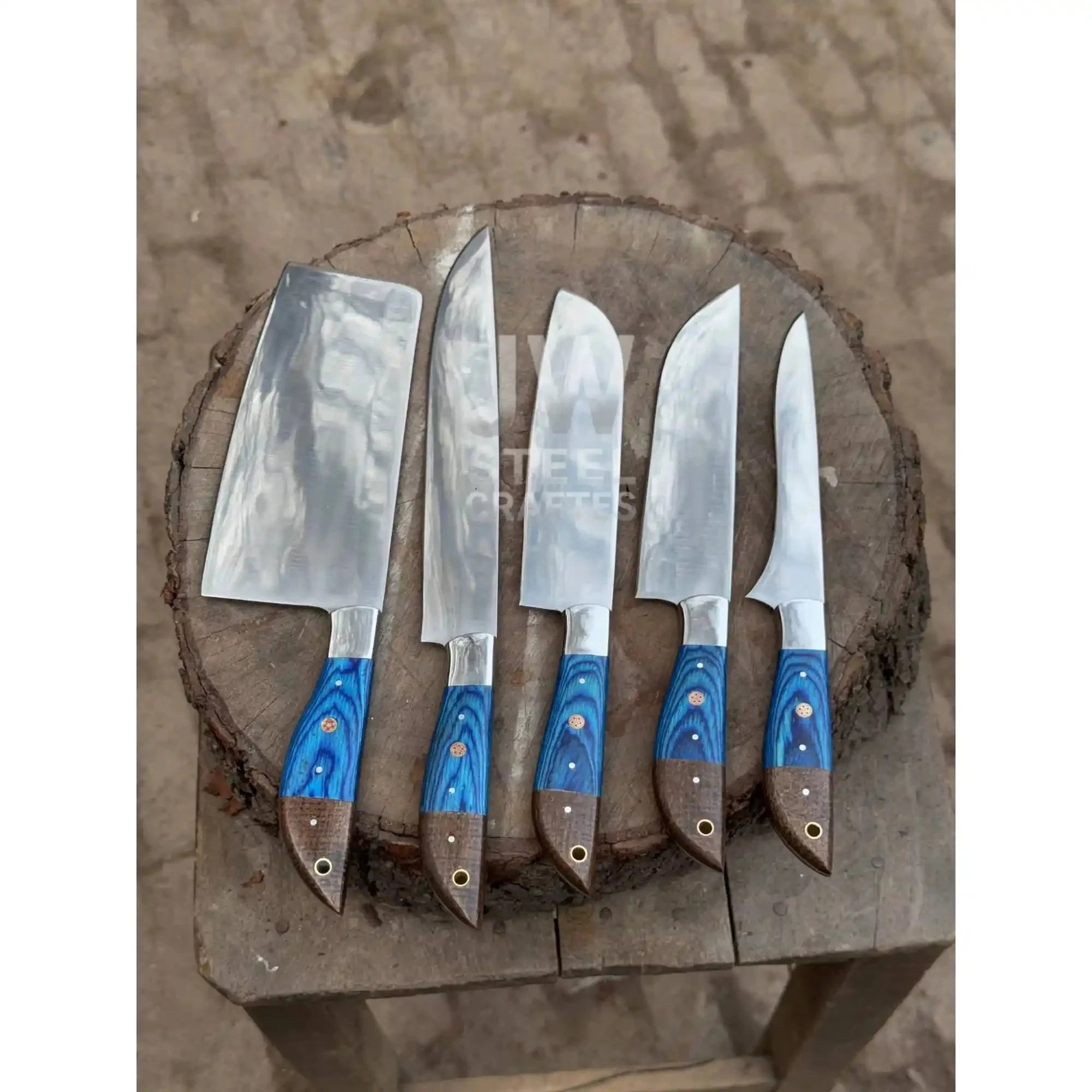 5-Piece Handmade Kitchen Knife Set — Polished Stainless Blades with Blue Pakka Wood Handles (Chef + Cleaver Prep Set)