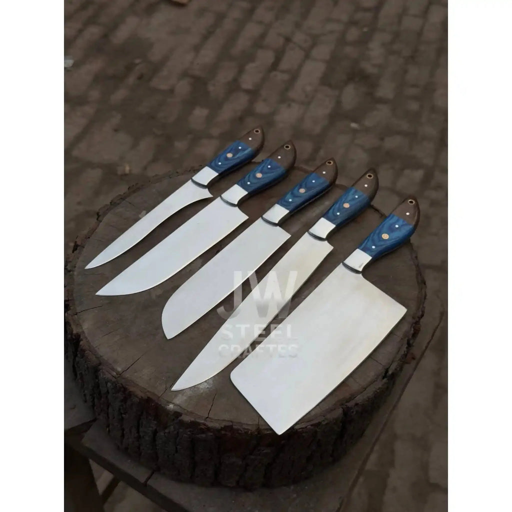5-Piece Handmade Kitchen Knife Set — Polished Stainless Blades with Blue Pakka Wood Handles (Chef + Cleaver Prep Set)