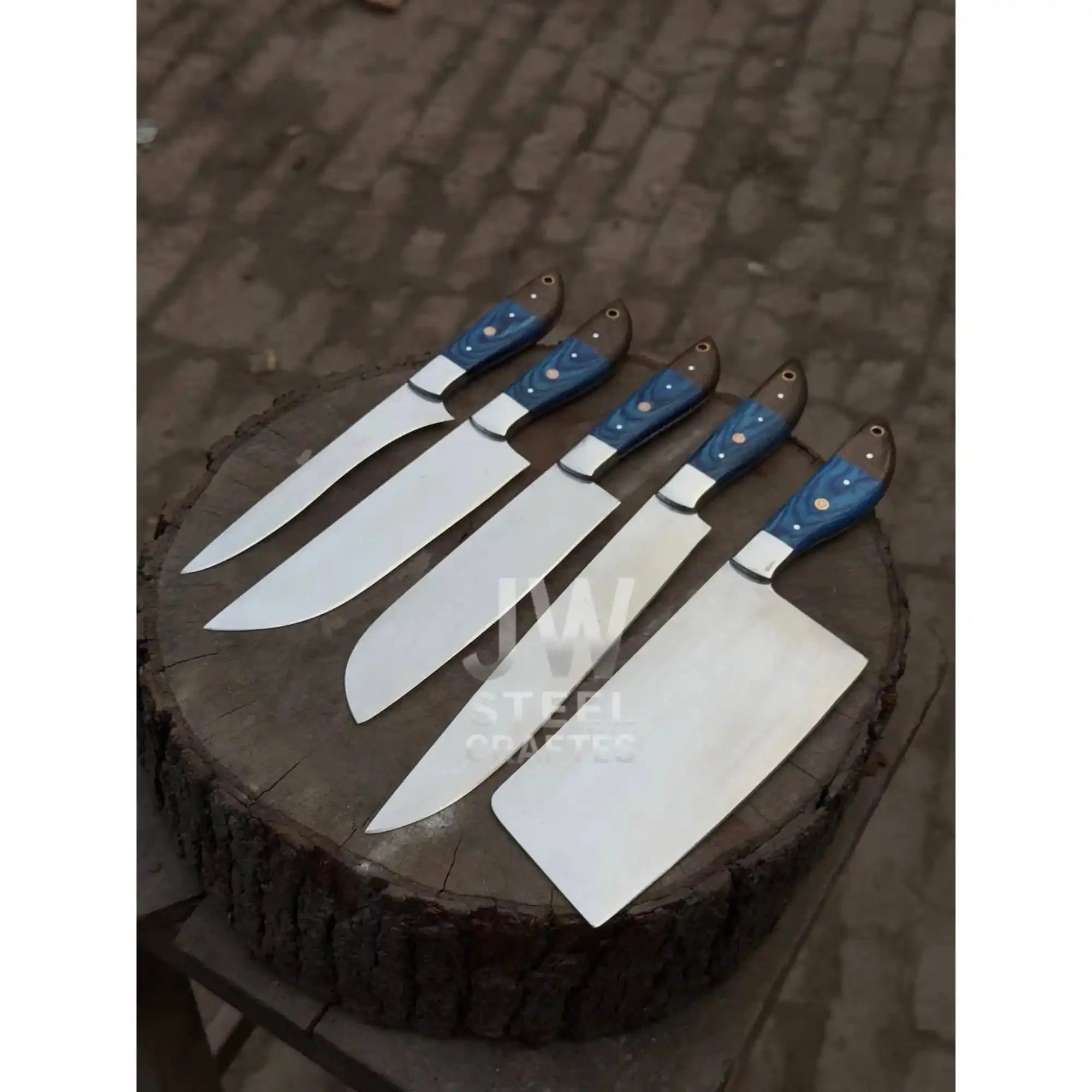 5-Piece Handmade Kitchen Knife Set — Polished Stainless Blades with Blue Pakka Wood Handles (Chef + Cleaver Prep Set)