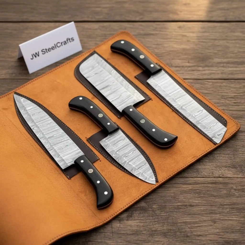 5-Piece Stainless Steel Chef Knife Set with Leather Roll | Ebony Wood Handle Knives