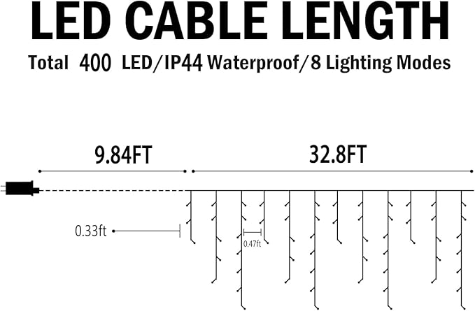 Hezbjiti Christmas Lights Outdoor, 400LED 33FT LED Icicle Lights 8 Modes 75 Drops Fairy String Lights for Christmas Decor Eaves Party Yard Garden