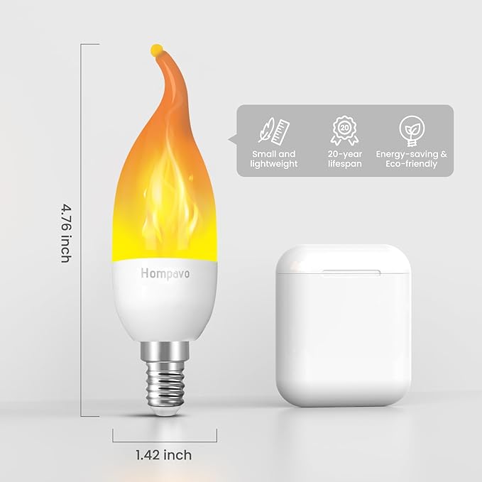 Hompavo 【Upgraded】 LED Flame Light Bulbs, 3 Modes Flickering Light Bulbs, E12 Chandelier Base Candle Fire Light Bulb for Halloween Christmas Party Porch Indoor & Outdoor Home Decoration - 2 Pack