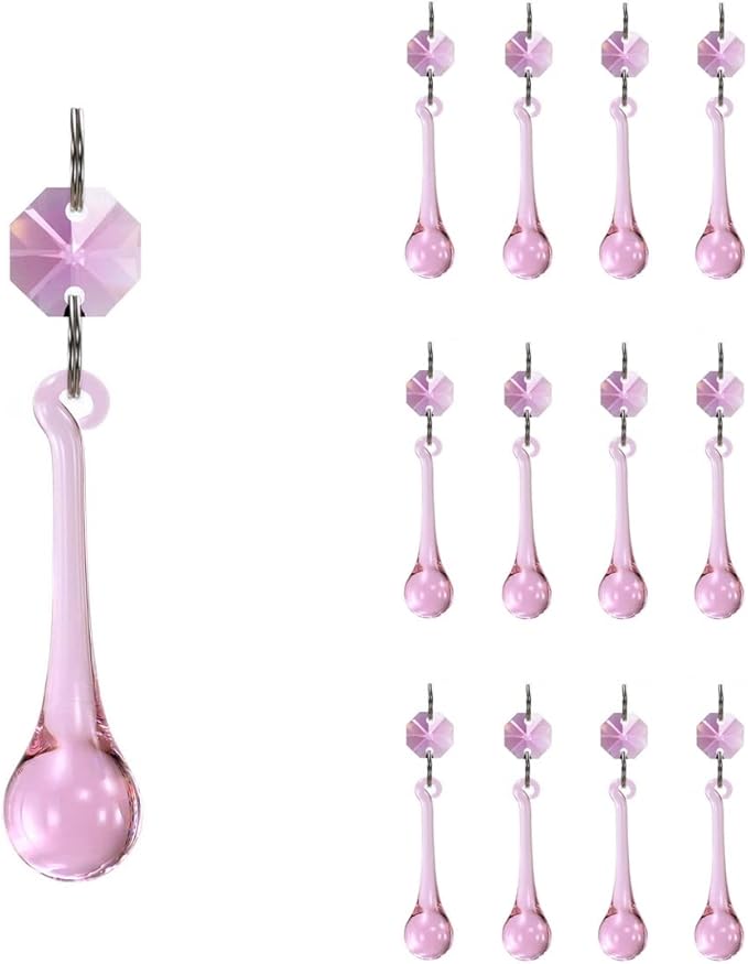 12pcs Raindrop Crystal Chandelier Prisms Parts, 53mm Hanging Crystals Beads for Chandeliers, Home Decoration (Pink)