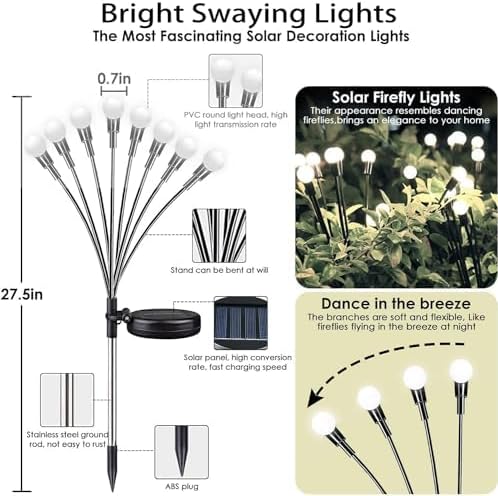 OZS Upgraded 2Pack Total 16LED Solar Christmas Lights - Solar Garden Lights Outdoor, Solar Firefly Lights, Sway by Wind, Solar Lights Outdoor Waterproof for Pathway Christmas Decoration(Cool White)