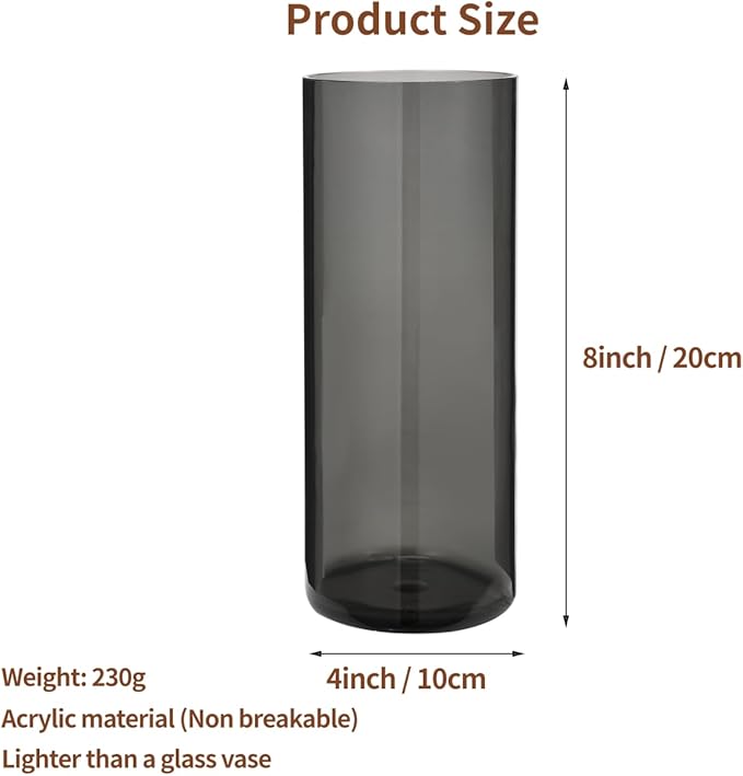 Flower Vase, Non-breakable Vases, 4" W x 8" H, Acrylic Grey Vase, Aesthetic Room Decor Cylindrical Modern Flower Vases for Table Centerpiece, Home Decor, Women Floral Arrangement Gift