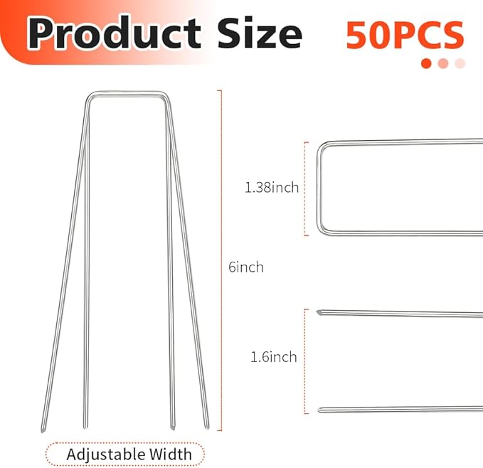 Landscape Staples, 50 Pcs Galvanized Garden Stakes, U-Shaped Tent Stakes, 6 Inch 11 Gauge Plant Cover Stakes, Anti-Rust Ground Sod Pins Yard Stakes for Landscape Weed Barrier Irrigation Tubing