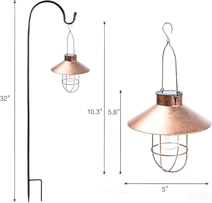 HUYIENO 2Pack Solar Metal Hanging Lantern with Shepherd Hook Outdoor Led Garden Lights Brushed Copper