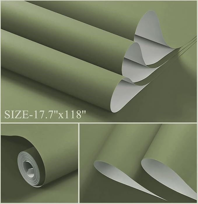 Dimoon 78.7''x17.7'' Green Peel and Stick Wallpaper Contact Paper Modern Self Adhesive Wall Paper Removable Renter Friendly Textured Solid Color Shelf Cabinet Vinyl Roll (78.7''x17.7'',Olive Green)