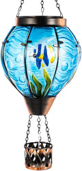 Blue Fish Hot Air Balloon Solar Lantern with Flickering Flame Light,Glass Hanging Solar Lanterns Outdoor Waterproof,Hot Air Balloon Decorative Lights for Patio Yard Porch Garden Gift for Women