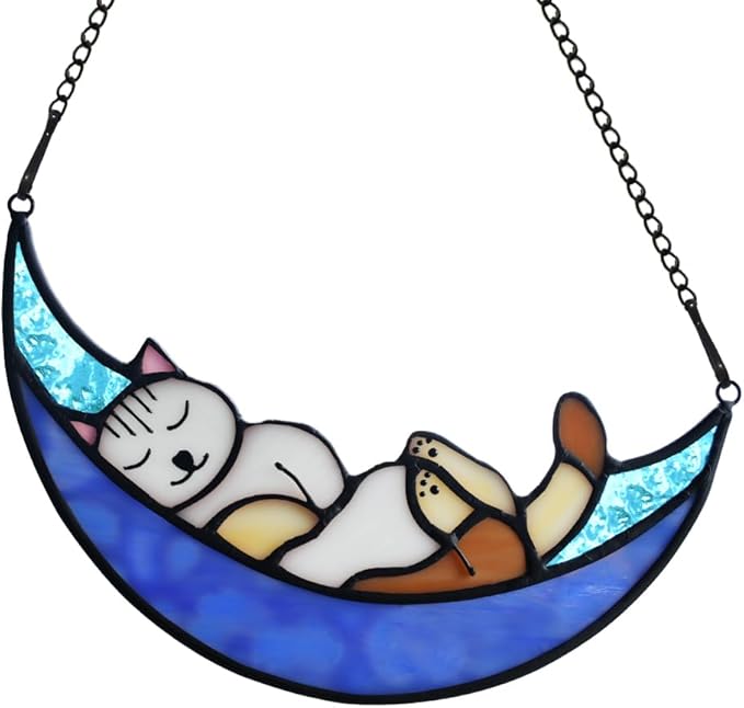 BOXCASA Sleeping Cat Stained Glass Windown Hanging,Cat on Moon Beautiful Handcrafted Sun Catcher Gifts for Daughter,Mothers Day,Christmas and Cat Lover