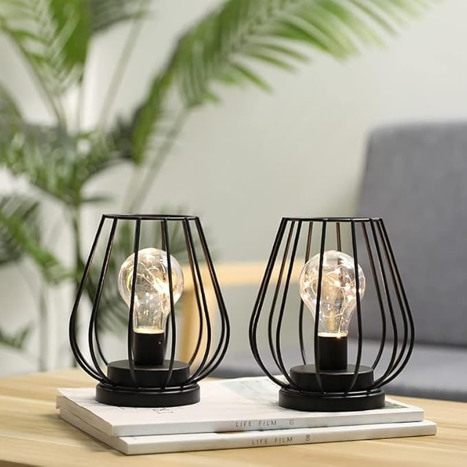 TRIROCKS Set of 2 Metal Battery Operated Lamp 7'' Tall Mini Cage Shape Cordless Table Lamp Battery Lanterns with Warm Fairy Lights Bulb for Patio Garden Wedding Parties Indoor Outdoor(Black)