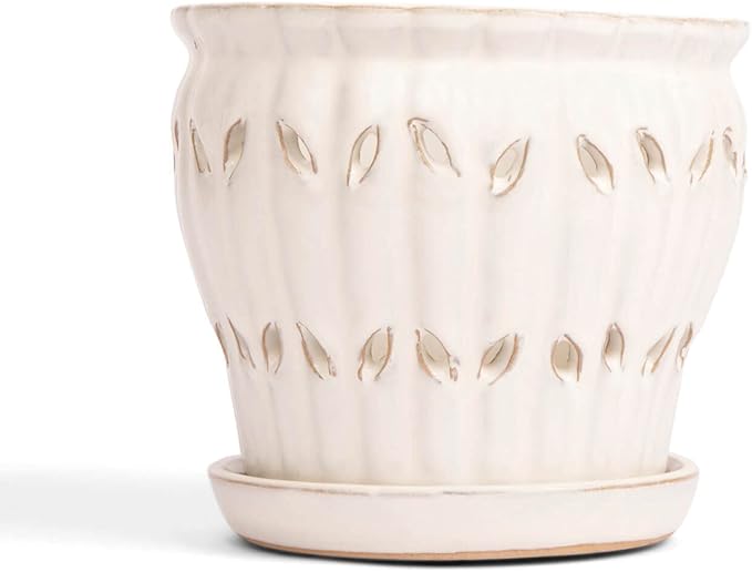 rePotme Orchid Pot - 6 inch Ceramic Pot with Holes, Pinwheel Fluted (White Diamond) - Includes Free 6 inch Slotted Liner