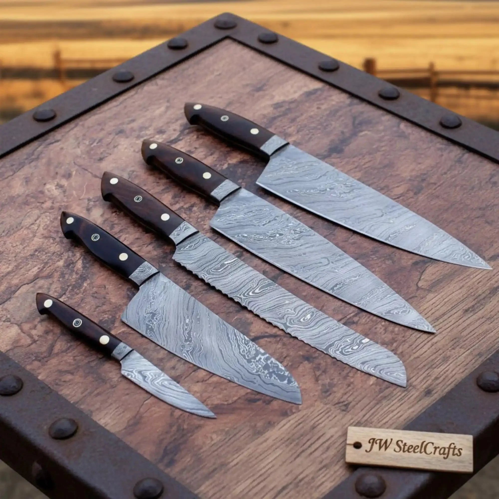 6 Piece Damascus Kitchen Knife Set, Gyuto and Petty Knife Collection, Handmade Damascus Steel Blades with Black Micarta Handles, Professional Chef Knife Set JW SteelCrafts