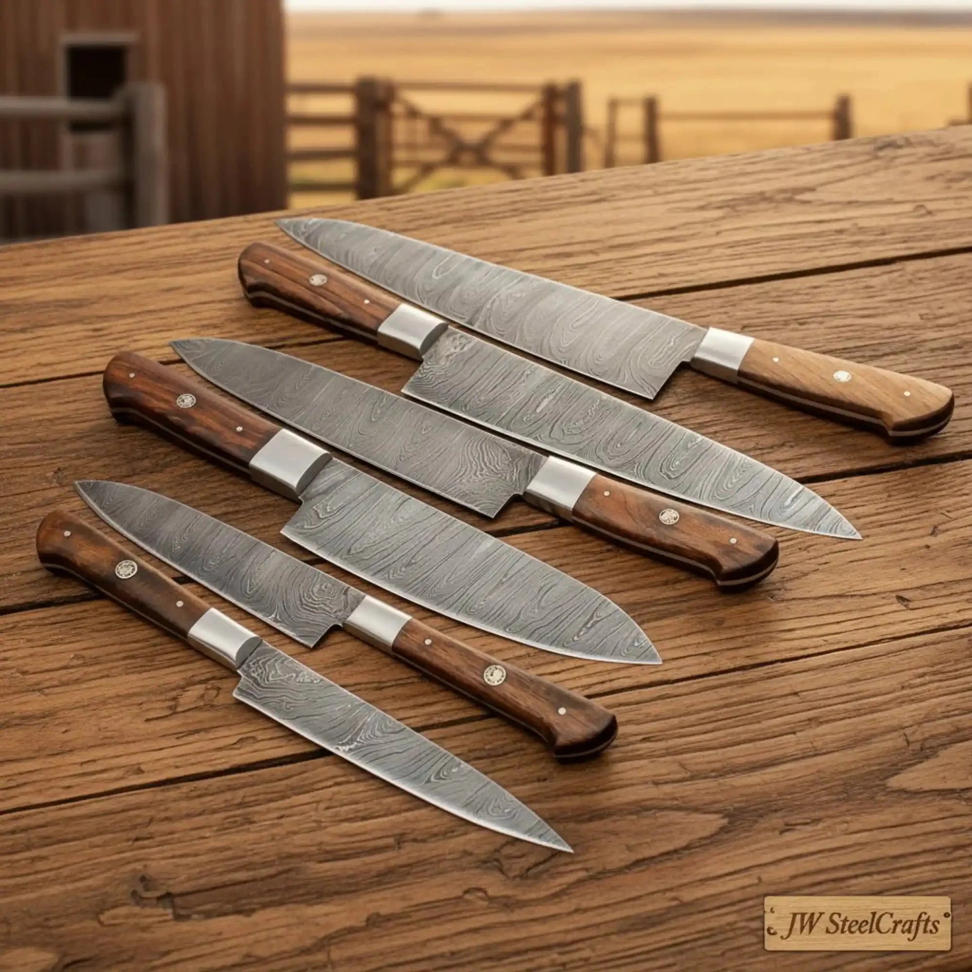 6 Piece Damascus Kitchen Knife Set, Gyuto, Slicer, Utility and Paring Knives, Handmade Damascus Steel Blades with Rose Wood Handles, JW SteelCrafts