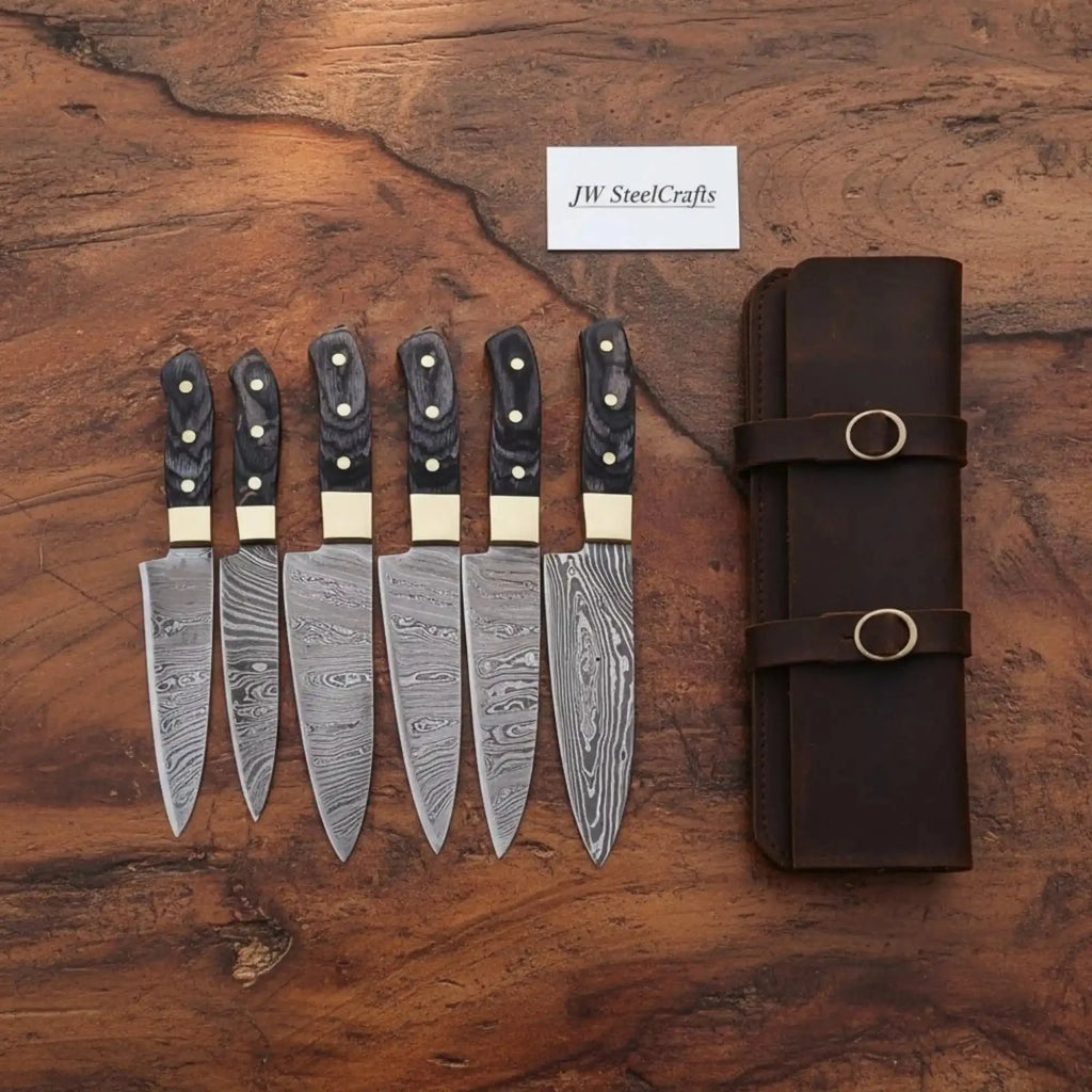 6 Piece Handmade Damascus Kitchen Knife Set, Chef Knife, Santoku, Utility and Paring Knife Set, Black Pakka Wood Handle Professional Cutlery JW SteelCrafts
