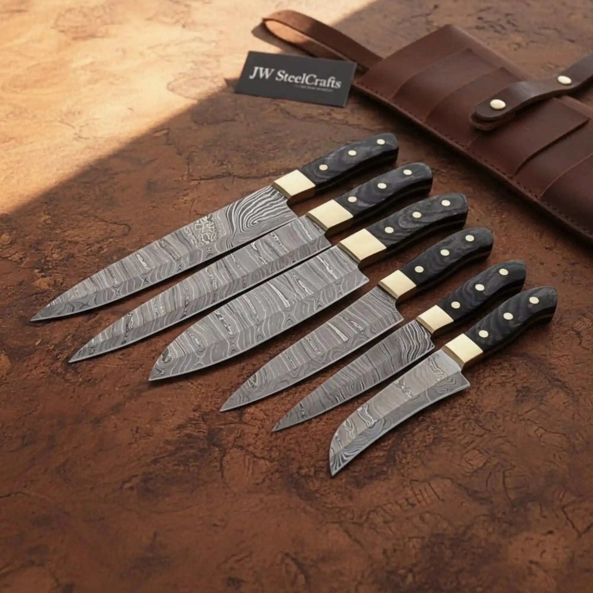 6 Piece Handmade Damascus Kitchen Knife Set, Chef Knife, Santoku, Utility and Paring Knife Set, Black Pakka Wood Handle Professional Cutlery JW SteelCrafts