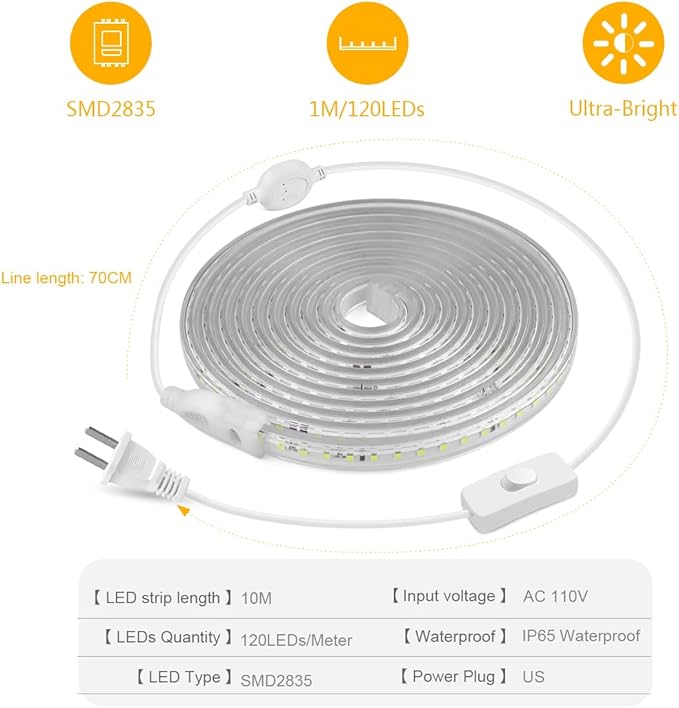 Outdoor LED Strip Lights,120LEDs/m Waterproof 32.8FT/10M LED Light Strip 6500K White Flexible LED Rope Lights for Garden Patio Cabinet Bedroom Indoor Outdoor Decoration(32.8FT, White)