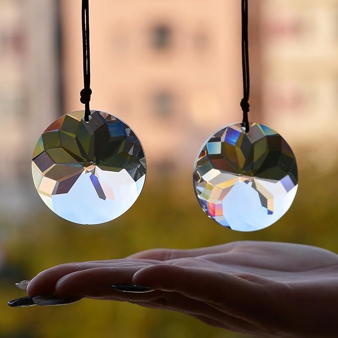 2PCS 5" Circle Crystal Sun Catcher Prisms, STINO Hanging Suncatchers with Glass Prism, Rainbow Maker for Windows, Balcony, Kitchen, Garden Decoration (1, Circle Clear 2Pcs)