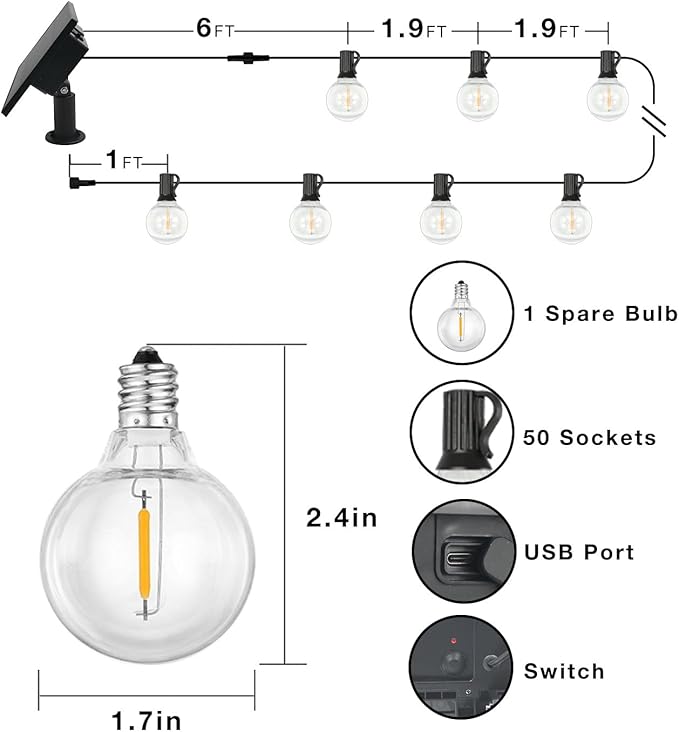 DAYBETTER 100FT Solar String Lights Outdoor Waterproof with Remote,50 LED Bulbs Dimmable&Timer,Patio Lights 3 Installation-Clips,Stakes&Nails for Outside Porch Garden Backyard Bistro