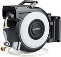 Tuyeho Retractable Garden Hose Reel 5/8" x 90 ft, Wall Mount Water Hose Reels with Automatic Slow Rewind System, Outdoor Hoses Reel with 2 Hose Nozzles for Garden Watering, Car Wash, Pet Shower