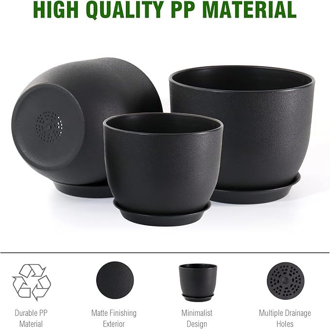 9/8/7.5 inch Plant Pots, Set of 3 Modern Decorative Plastic Planters with Drainage Holes and Tray, Flower Pots for Indoor Outdoor Plants, Black