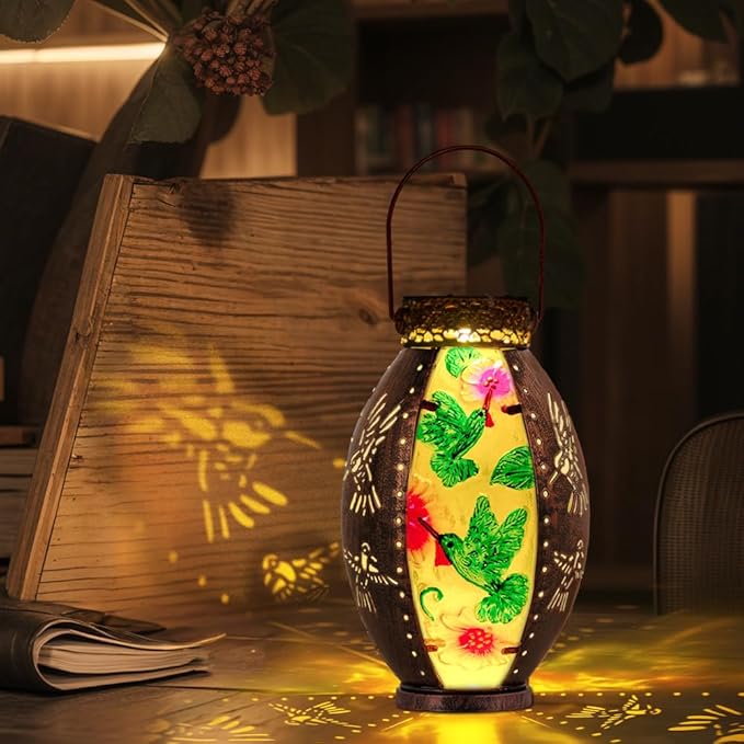 Starsoul Flamingo + Hummingbird Solar Lantern Solar Hot Air Balloon Flickering Flame Hanging Garden Light Stained Glass & Metal Outdoor Lantern Waterproof Hummingbird Hanging Lantern