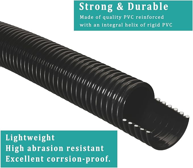 Pond Tubing ID 2” × 10ft Black Corrugated Flexible Reinforced Waterfall Pond Tube Sump Pump Hose, Non-toxic & Kinkproof (10 ft, 2" ID)