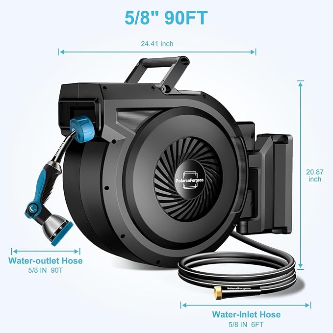 Retractable Garden Hose Reel - 5/8 inch x 60 ft Wall Mounted Hose Reel with 10 Pattern Nozzle & Any Length Lock, Heavy Duty Water Hose Supports Automatic Rewind & 180° Swivel, Black
