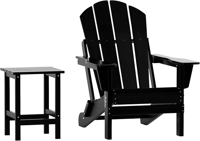 WO Home Furniture Adirondack Chair Table Set of 2 PCS Outdoor Folding Chair w Side Table Weather/UV Resistant for Lawn, Garden, Bon Fire, Balcony (Black)