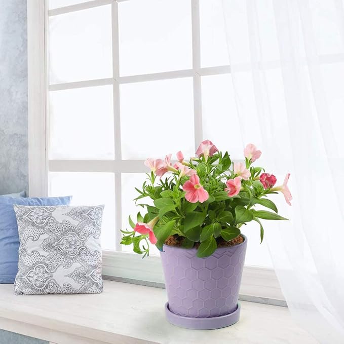 Plant Pots Indoor –5 in Ceramic Flower Pot with Drainage Hole and Ceramic Tray - Gardening Home Desktop Office Windowsill Decoration Gift, Set of 4 - Plants Not Included(Purple)